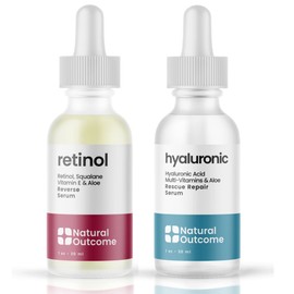 Natural Outcome Hydrating Hyaluronic Acid Serum and Retinol Facial Serum - Night and Day Anti Aging Facial Serum Set 1 oz Each, Vegan, Cruelty Free & Fragrance Free