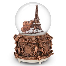 Paris Snow Musical Globe with Color Changing LED Lights, Eiffel Tower Snow Globe with Merry-go-Round Base, 100mm 6" Tall Souvenirs Collection