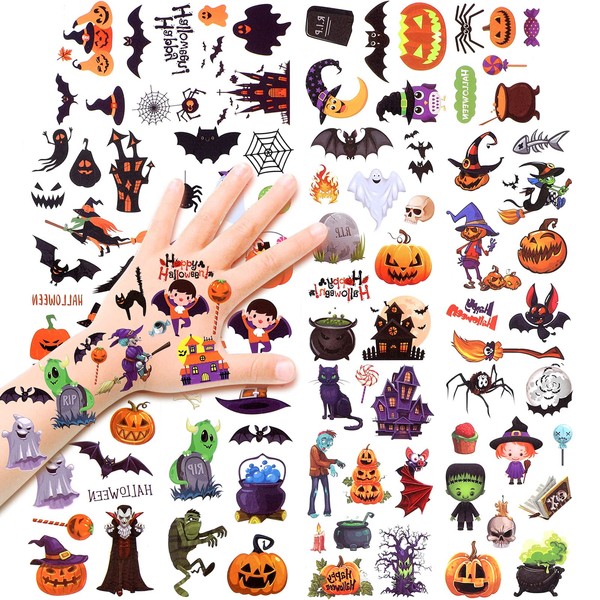 HOWAF Halloween Children's Tattoos, Halloween Tattoo Stickers, Waterproof Halloween Temporary Tattoos for Girls Boys Face Body Tattoos, Children Halloween Party Favours Party Bags