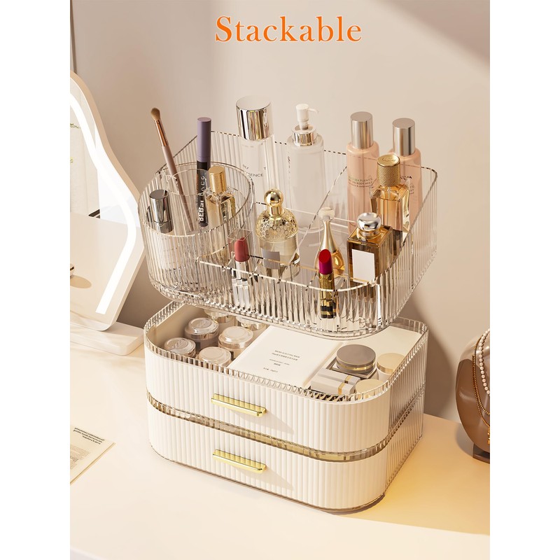 STORICANS 360° Rotating Makeup Organizer with Drawer, Clear Acrylic Cosmetic