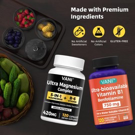 VANI 5 in 1 Magnesium & Vitamin B1 & B6（4 Month Supply，Bioavailable 7 Form Supplement Support Heart, Muscles and Bone* - Gluten-Free - 120 Capsules