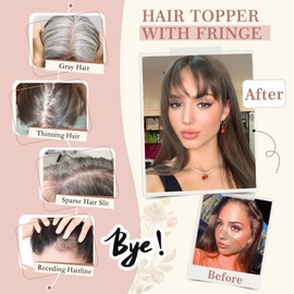 Elailite Real Human Hair Topper With Fringe Hand Tied Silk Base(8x11cm) Hair Toppers For Thinning Hair Women UK - #4/27 Medium Brown Mix Dark Blonde - 11 Inch