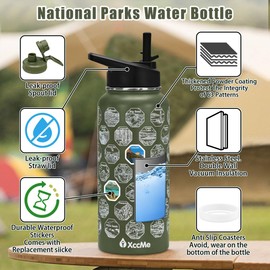 XccMe National Parks Water Bottle with Stickers,32 oz Insulated Stainless Steel Water Bottle with 2 Lids,Straws,Silicone Boot,Waterproof Stickers,Travel Vacuum Sealed Water Bottle(Army Green)