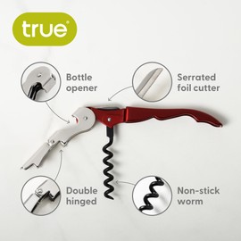 True Brands TrueTap Double Hinged Waiters Corkscrew, Top-notch Stainless Steel Opener with Foil Cutter Built to Last Wine Key Metallic Red, Set of 1