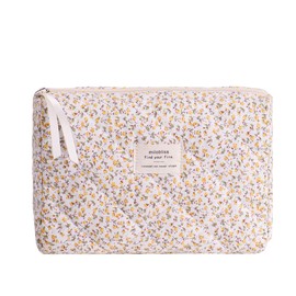 Makeup Bag Cute Cosmetic Bag Large Capacity Quilted Pouch Travel Cotton Toiletry Bags for Women Girls Soft Accessories Organizer Case,Floral Yellow
