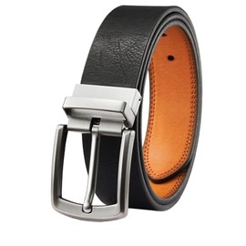 GK ACC Men's Reversible Leather Belt, Black and Brown with Silver Buckle, Vegan Leather (32)