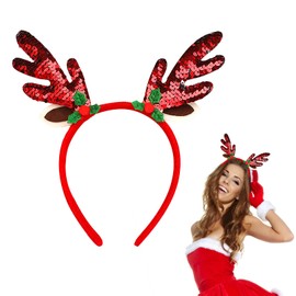 iwiio Christmas Headbands for Adults, Glitter Sequin Fish Scale Deer Horn Headwear, Red Green Christmas Hair Bands, Christmas Hair Accessories for Holiday Party Decorations
