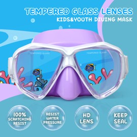 Kids Scuba Diving Mask, 180° Anti-fog Child Swim Mask Tempered Glass Swim Goggles with Nose Cover Silicone Seal Snorkel Mask Gear for Swimming Diving Snorkeling for Kids 4-14 Boys Girls Youth (Purple)