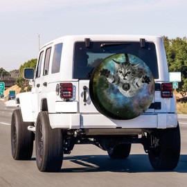 Delerain Spare Tire Cover with Backup Camera Hole Starry Sky Cat Wheel Covers Waterproof Dust-Proof UV Sun Universal Fit for Jeep Trailer RV SUV Truck (17 Inch for Diameter 31"-33")