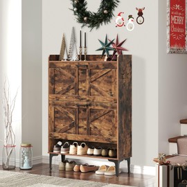 MAHANCRIS Shoe Storage Cabinet, Shoe Organizer with 2 Flip Drawers, Hidden Shoe Storage for Entryway, Freestanding Shoe Cabinet Organizer with Open Storages, Rustic Brown SHHR9401N1