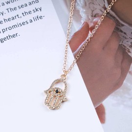 TseenYi Hamsa Hand Pendant Necklace CZ Hamsa Hand Necklace Gold Evil Eye Necklace Boho Crystal Hamsa Pendant Choker Necklace Long Chain Necklace Jewellery for Women and Girls Gifts