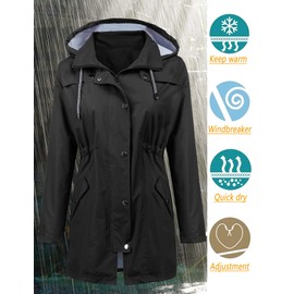 LOMON Women Lightweight Ladies Warm Travel Coat Outdoor Windbreaker with Pockets Outdoors Coat for Adults Waterproof Rain Jacket Black XL
