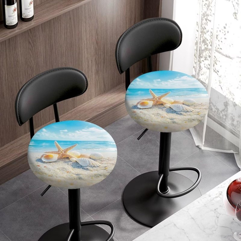 Fiqyvagox Beach Shell Seashell Starfish Stretchy Round Bar Stool Slipcovers