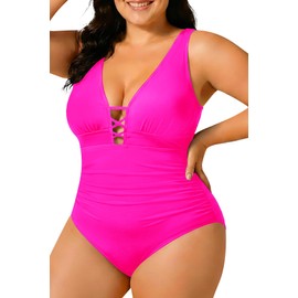 Yonique - Traje de baño de una Pieza para Mujer, Talla Grande, Control de Abdomen, con Cordones, Rosa Encendido, 12 Plus