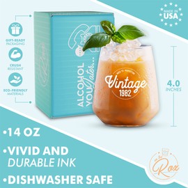 43rd Birthday Gifts for Women and Men - 14oz Vintage 1982 42nd Birthday Wine Glass - Dishwasher Safe Stemless Wine Glass for 42 Year Old Birthday Gifts for Women - 42nd Birthday Gift Ideas -On the Rox