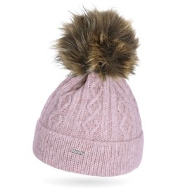 Neverless® Women's Knitted Hat without Lining Fur Pom Faux Fur Bobble Hat Cable Knit Pattern Envelope, 21265 pink