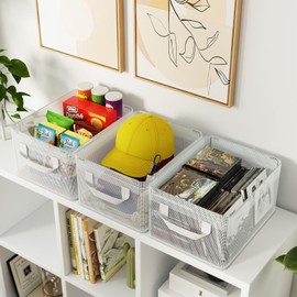 Kinizeder Small Baskets for Organizing, 3 Pack Storage Baskets for Shelves,Closet Storage Bins for Shelves,Decorative Collapsible Baskets,Clear Plastic Closet Organizers and Storage Bins with Handles