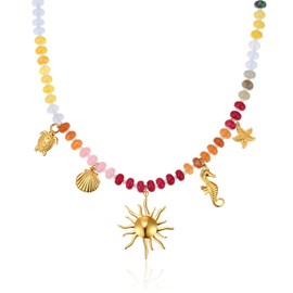BOMAIL Gemstone Beaded Necklace for Women Colorful Boho Beaded Choker Necklace Gold Sun Starfish Surfer Shell Necklaces Summer Beach Statement Jewelry