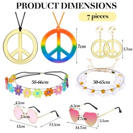 VEGCOO Hippie Costume Set for Women and Men, 8 Pieces Retro Costume Accessories, 60s 70s Style Peace Sign Necklace and Earrings Headband Sunglasses for Party Suits