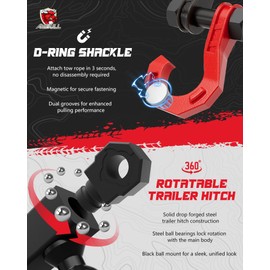 AMBULL Rotatable D Ring Separate Shackle Trailer Hitch Receiver & 2-Inch Ball Mount, 3/4" Shackle with 2" Towing Ball Mounts, 23T/50706Lbs Break Strength Heavy Duty Towing Recovery Hitch, BlackRed