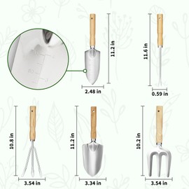 AGIgear Garden Tool Set,Premium 5 Pcs Heavy Duty Gardening Hand Tool Set with Shovel, Hand Rake, Transplanter,Big Trowel, 5-Claw Cultivator,Stainless Steel with Non-Slip Wooden Handles (Silver)