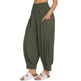 TARSE Women Linen Pants Summer Casual Loose High Waist Palazzo Harem Pants 2024 Beach Travel Vacation Outfits, ArmyGreen, XL
