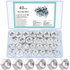 TOOINKCV Pack of 40 Hex Nuts M12 Hex Nuts Assortment, M12 Nut M12 Carbon Steel, Locking Nuts Stop Nuts Set, Self-Locking Nuts for Screws Washers