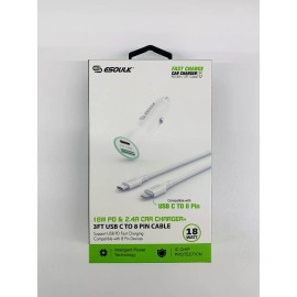 ESOULK CAR CHARGER, White, 18 Watts, Type C + USB Ports, 18 Watts