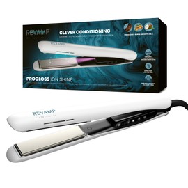 Revamp Progloss Ion Shine Ceramic Straightener with Ion Technology for Frizz-Free Results Enriched with Progloss Smooth Keratin, Argan and Coconut Oil, Various Heat Levels, White