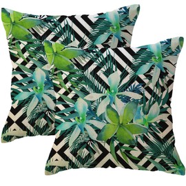 ULOVE LOVE YOURSELF 2Pack Tropical Leaves Throw Pillow Cover with Geometric Background Green Monstera Palm Decorative Cushion Covers Summer Home Modern Decor Pillowcase 20 X 20 Inch