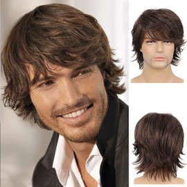 MIUXIU Men's Short Brown Wig Short Natural Curly Synthetic Hair Wigs Heat Resistant Natural Looking Short Straight Hair Replacement Full Wigs (brown)