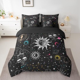 Erosebridal Sun and Moon Comforter Set 7 Piece Twin Size Bohemian Stars Galaxy Bedding Sets for Kids Girls Boys Trippy Outer Space Bed in a Bag Planet Constellation Pattern Soft Microfiber Top Sheet