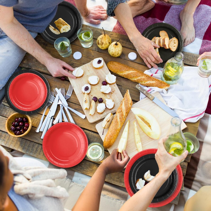 200 Pcs Red and Black Paper Plates and Napkins Party