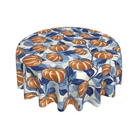 Fall Tablecloth Round 60 Inch Blue Burnt Orange Pumpkin Autumn Leaf Harvest Themed Thanksgiving Day Decorative Table Cloth Holiday Seasonal Farmhouse for Indoor Party Kitchen Dinner Picnic Decor