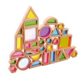 WOODENFUN Wood Building Blocks Set for Kids, 32 Pcs Rainbow Stacker Stacking Game Construction Toys Set Preschool Colorful Learning Educational Toys, Geometry Wooden Blocks for Boys Girls