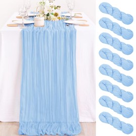 MLMC 8 Pack Cheesecloth Table Runner 10ft Wrinkled Sheer Baby Blue Gauze Table Runner Bulk 35x120 Inches for Wedding Party Decor