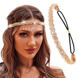 Elastic Head Chain Shiny Rhinestone Headband Women's Hair Band Vintage Metal Hair Band Elegant Head Chain for Women (Gold, 45.5 cm)