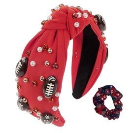 SZQSHWL Crystal Embellished Christmas Headband for Woman Pearl Knotted Holiday Hair Accessory Gift (Red Rugby, One Size)