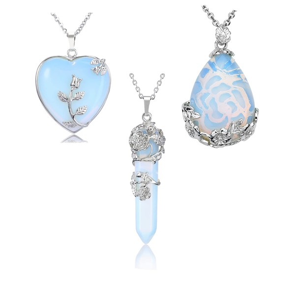 Jovivi 3 Pcs Healing Crystal Necklaces Flower Wrapped Man-Made Opalite Heart Stone Pendant Necklace Reiki Energy Healing Quartz Gemstone Jewelry for Women Men
