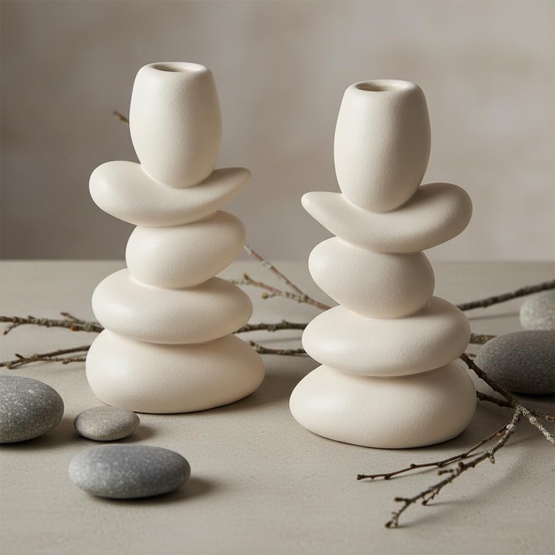 Faux Pebble Candlestick Holders Set of 2, Modern Candle Stick