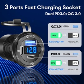 Ktilura USB Car Charger Socket,12V 3 Port Fast Charging Outlet Panel,Dual 30W PD Type C & 18W QC3.0 USB-A Charger Power Outlet Panel with Switch LED Voltmeter for Car/Boat/Motorcycle/SUV/RV Truck