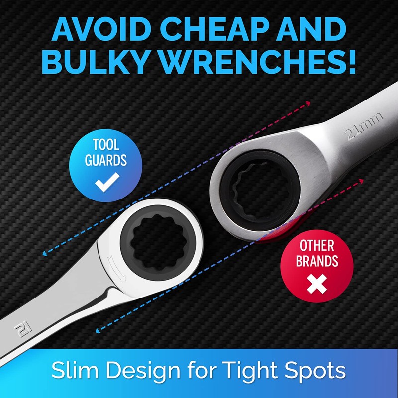 TOOLGUARDS 21mm Wrench - Ratcheting Wrench - Slim Profile -