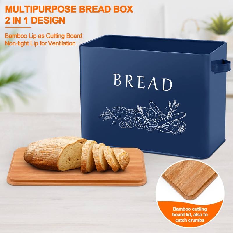 LIANYU Navy Blue Bread Box with Bamboo Cutting Board Lid,
