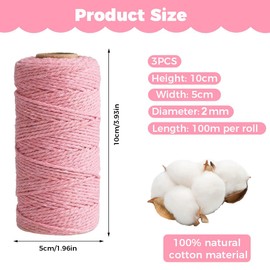 3 Rolls 2 mm x 100 m Cotton Macrame Cord Rope