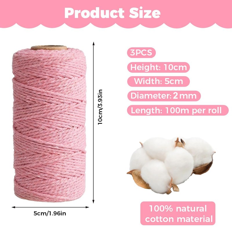 3 Rolls 2 mm x 100 m Cotton Macrame Cord