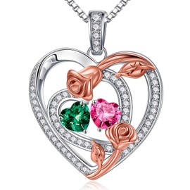 Iefil May Birthstone Necklace for Women - Anniversary Birthday Gifts for Women, Emerald Pink Tourmaline Necklace, May October Birthstone Rose Necklace, Jewelry Gifts for Her Wife Mom Sister