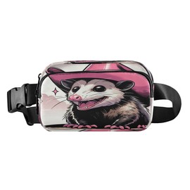 Exnundod Possum Pink Cowboy Hat Fanny Pack Crossbody Waist, Cartoon Cute Fashion Waist Bag Waterproof Adjustable Belt Bag for Running Workout Travel