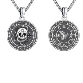 PELOVNY Memento Mori Necklace 925 Sterling Silver Gothic Skull Pendant Necklace Stoic Memento Mori Jewelry Gifts for Men