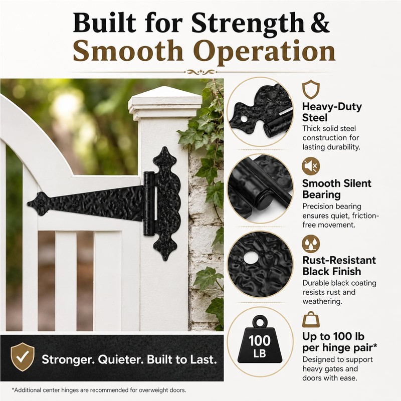 6 Inch Decorative Hammered Tee Hinge, 2 Pack Black Heavy