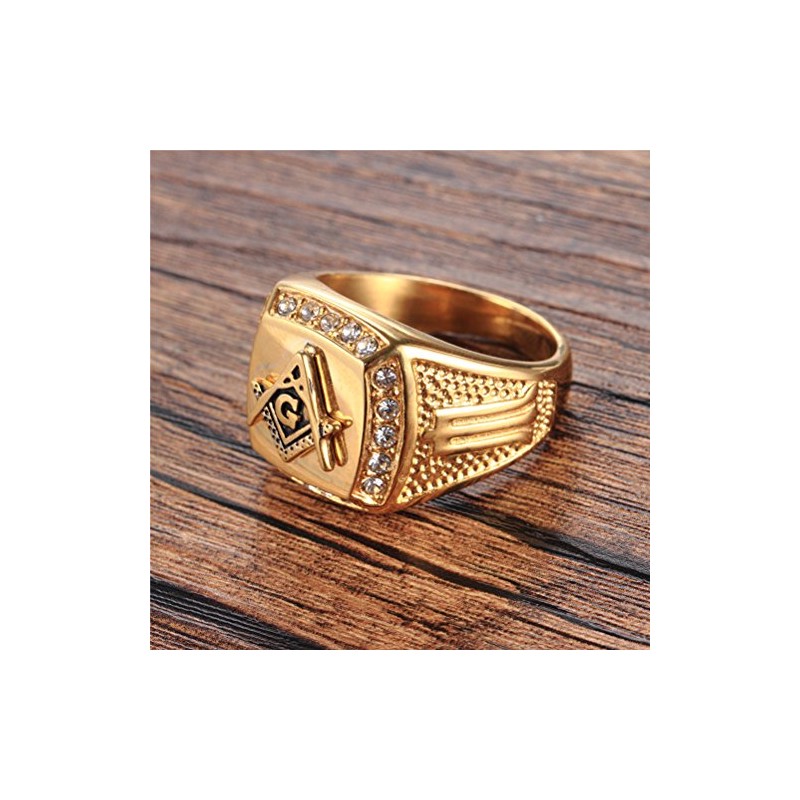 OAKKY Mens Stainless Steel Masonic Freemason Ring with Diamonds Biker